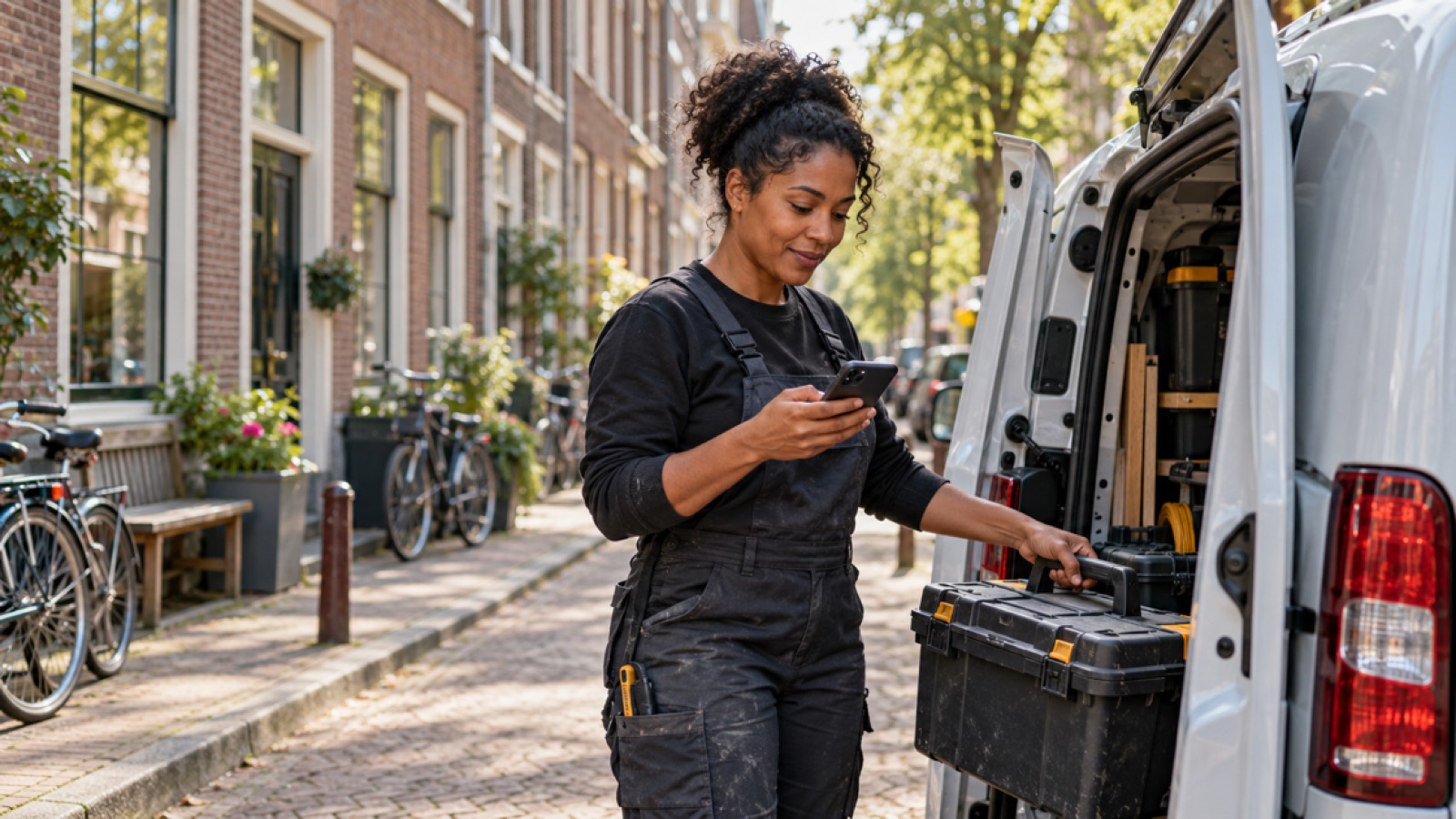 Een pro bekijkt een boekingsaanvraag op haar telefoon terwijl ze een gereedschapskist uit haar bus haalt