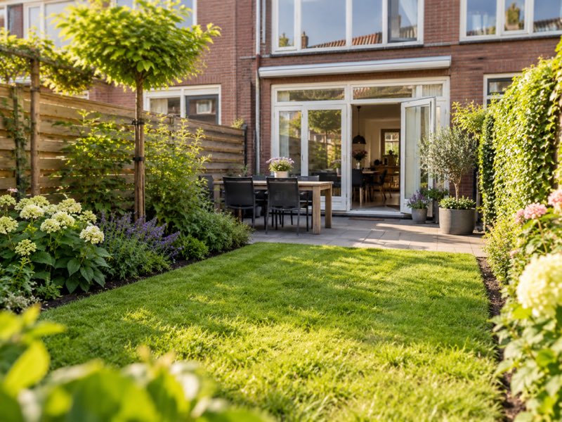 Een kleine achtertuin na onderhoud door Tuinservice Bakker
